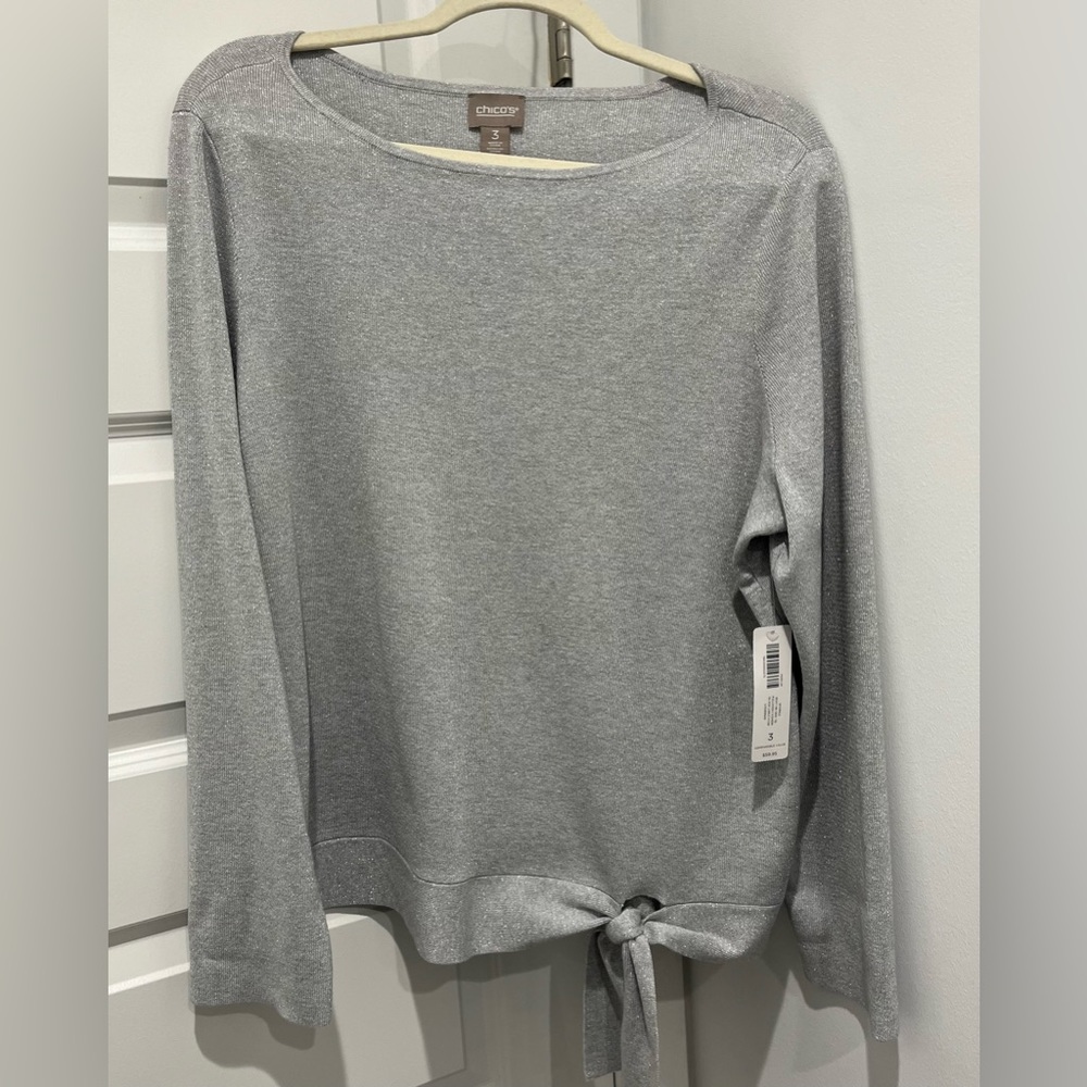 Chico’s Women’s Silver Long Sleeve Metallic Sweater With Tie (Chicos Size 3/XL)